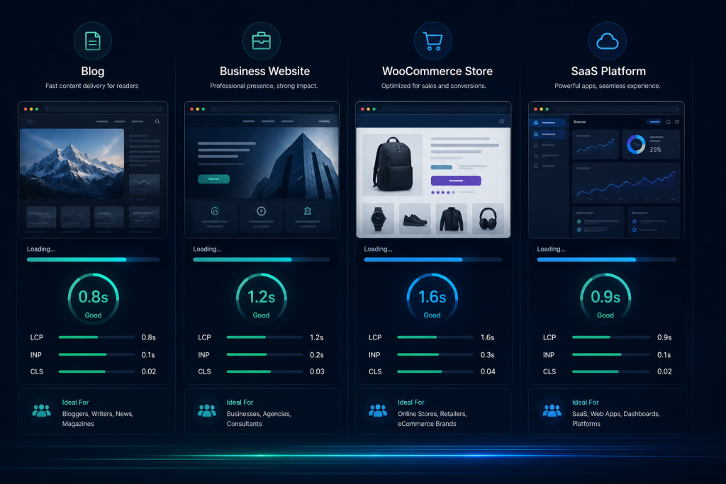 Comparison of website speed expectations for blogs, business sites, WooCommerce stores, and SaaS platforms