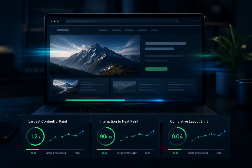 Core Web Vitals metrics including LCP, INP, CLS and website responsiveness