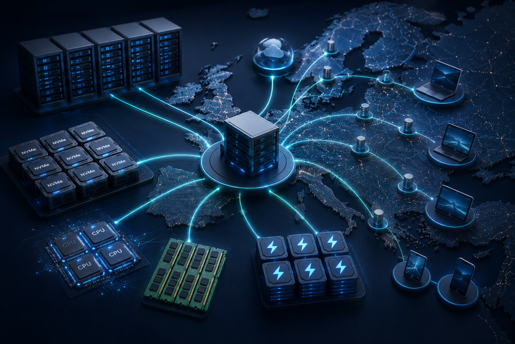 Modern hosting infrastructure with NVMe storage, LiteSpeed servers, CDN, and European data center connections