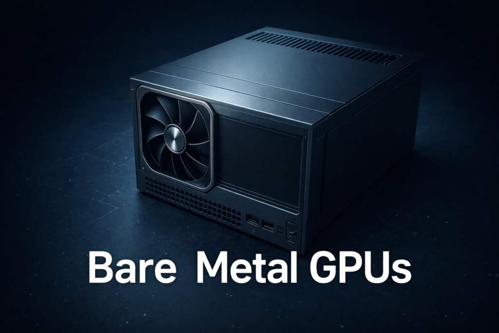 Bare metal GPU server with dedicated NVIDIA GPUs showing secure isolated hardware for AI training and high performance computing