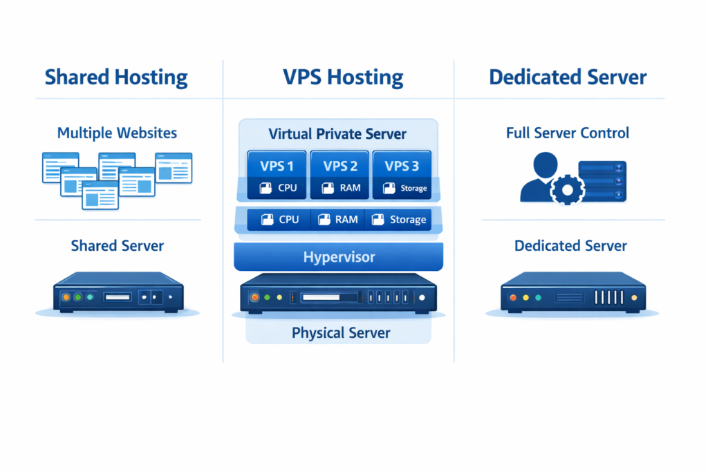 Shared hosting vs VPS vs dedicated server architecture diagram showing hypervisor virtualization