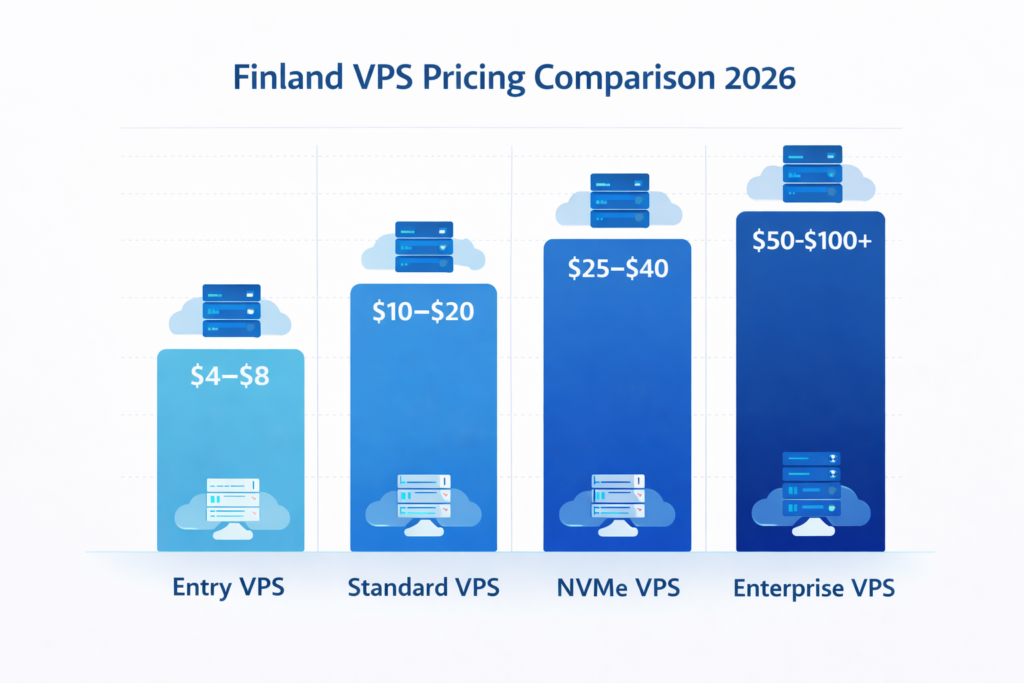 Finland VPS pricing comparison chart showing entry, standard, NVMe, and enterprise VPS price tiers