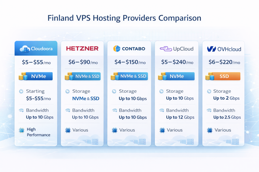 Finland VPS hosting providers comparison infographic showing price storage type and bandwidth