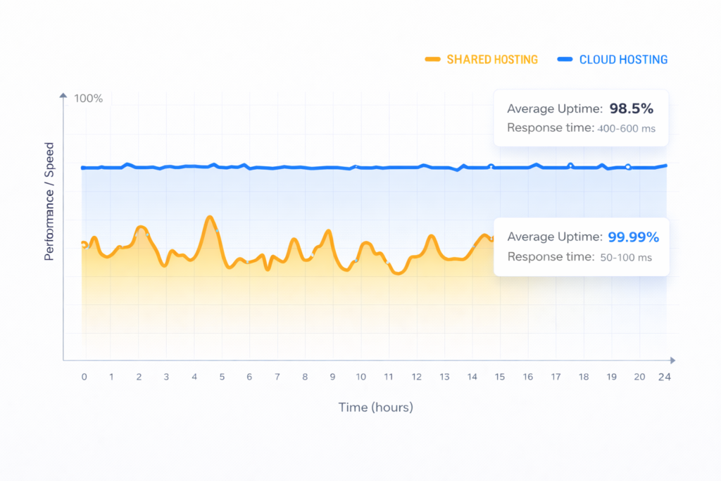 performance comparison chart between cloud hosting and shared hosting showing speed and stability differences