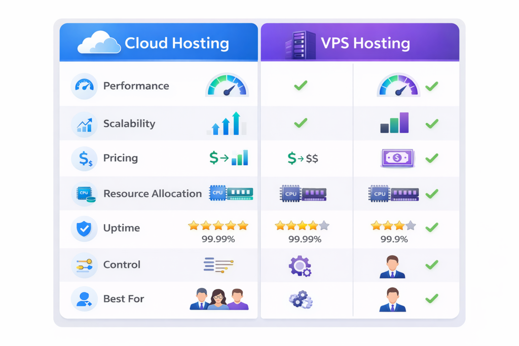 Cloud vs VPS hosting comparison chart with features, pricing, and scalability