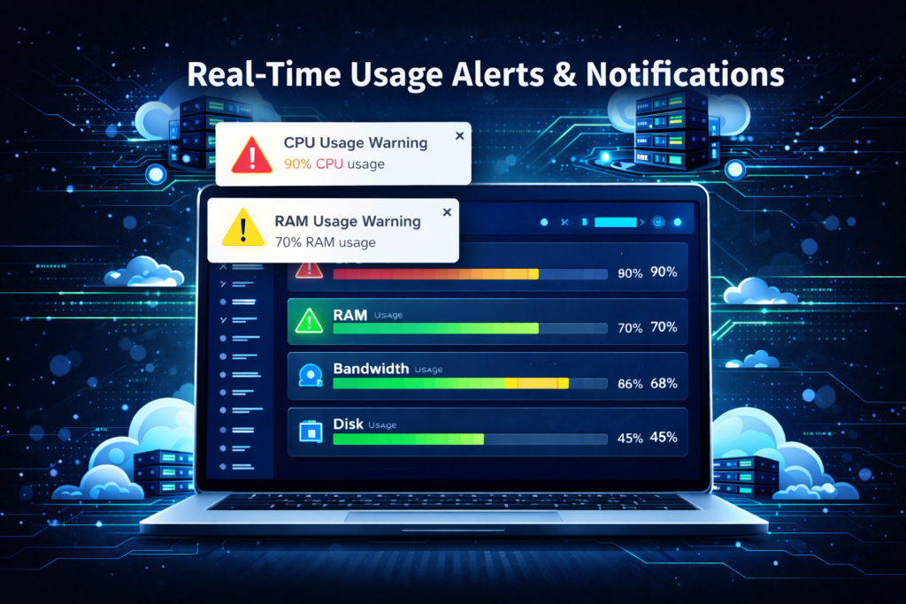 Cloud hosting usage alerts dashboard showing CPU, RAM, bandwidth monitoring and real-time notifications