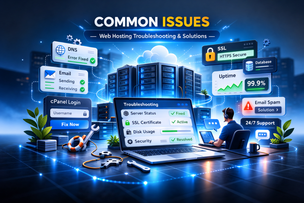 Guide to solving hosting issues including WordPress errors, DNS configuration problems, email delivery failures and cPanel login issues
