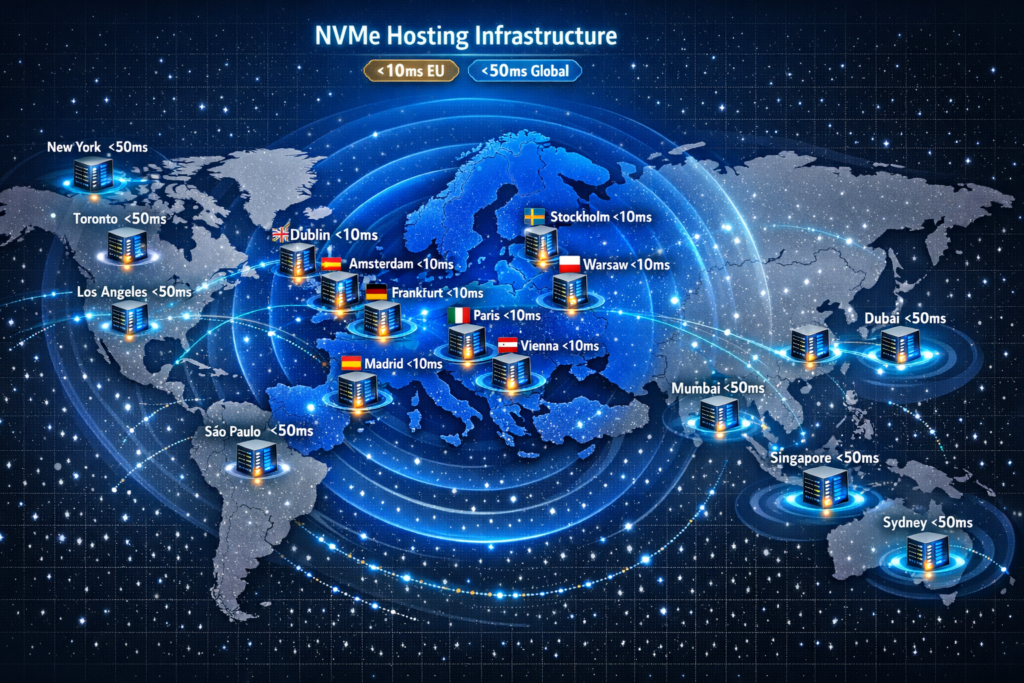 EU and global NVMe hosting data center locations map showing European infrastructure and worldwide coverage for low latency website performance