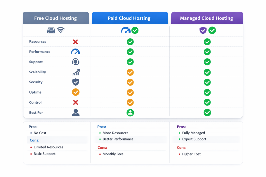 free vs paid cloud hosting comparison for startups with pros and cons