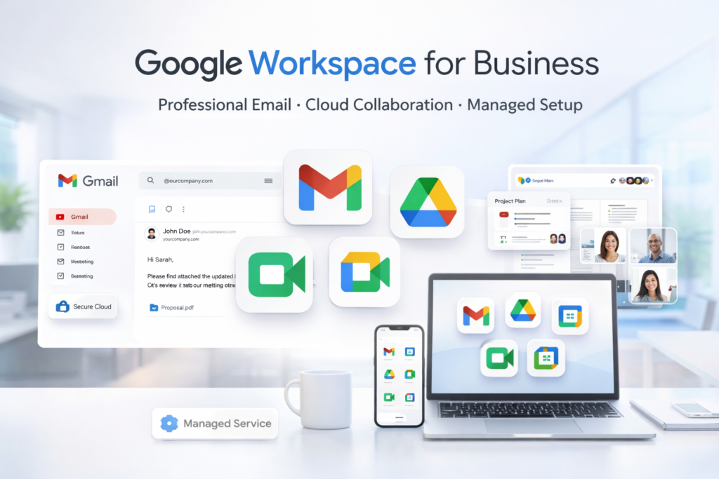 Google Workspace for business with professional Gmail, cloud storage, and managed setup by Cloudoora