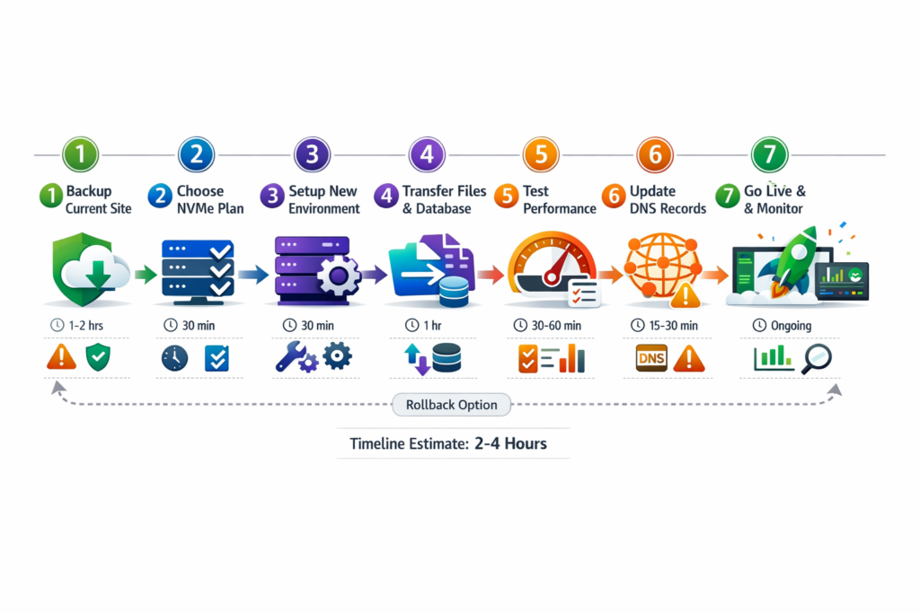 NVMe hosting migration steps showing complete process from backup to DNS update and go-live monitoring for seamless transition