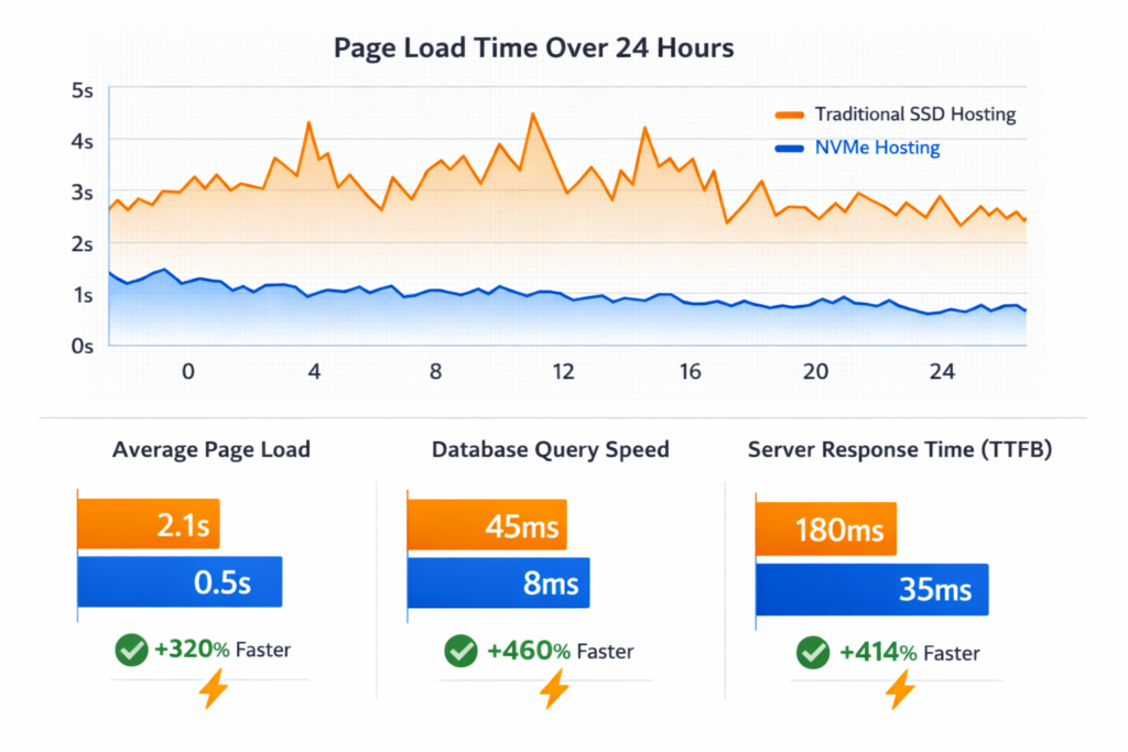 NVMe hosting performance graph showing faster page load times and lower latency compared to traditional SSD hosting over 24 hours