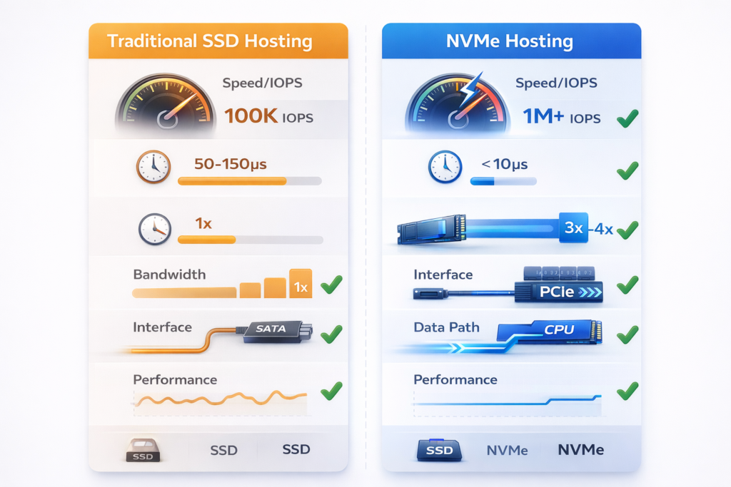 NVMe versus SSD hosting comparison infographic showing speed, latency, IOPS, and performance differences for web hosting