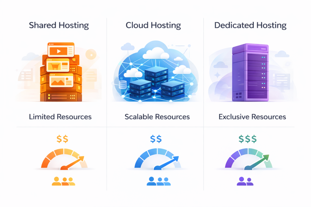 comparison of shared hosting, cloud hosting, and dedicated hosting with features and use cases