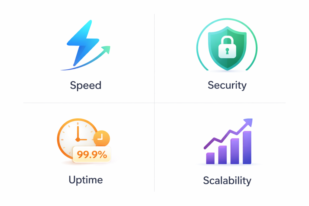 web hosting benefits illustration showing speed, uptime, security, and scalability for businesses