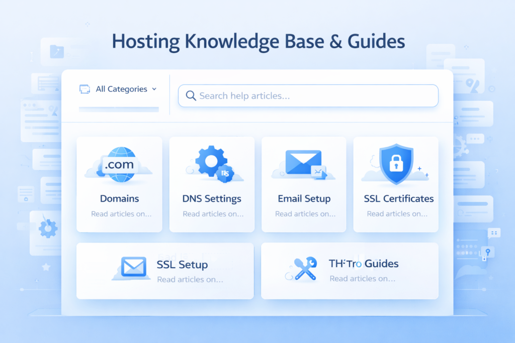 Web hosting knowledge base with tutorials and support guides for domains, DNS settings, email setup and SSL configuration