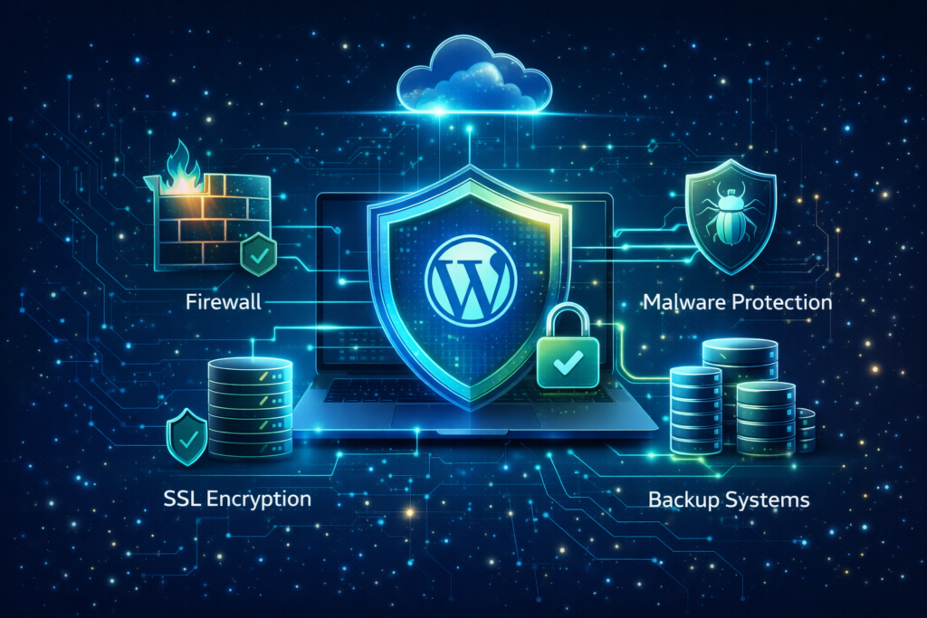 WordPress hosting security layers including firewall, SSL and malware protection