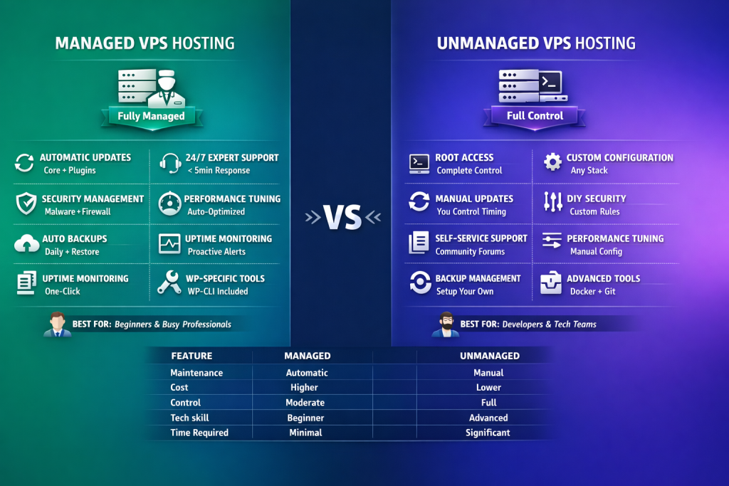 managed vs unmanaged WordPress VPS hosting comparison showing control support and maintenance differences