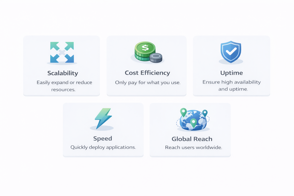 benefits of cloud servers infographic showing scalability cost efficiency uptime and global performance