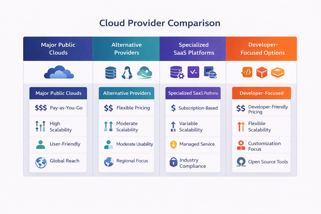 best cloud platforms for saas comparison showing aws google cloud azure and alternative providers