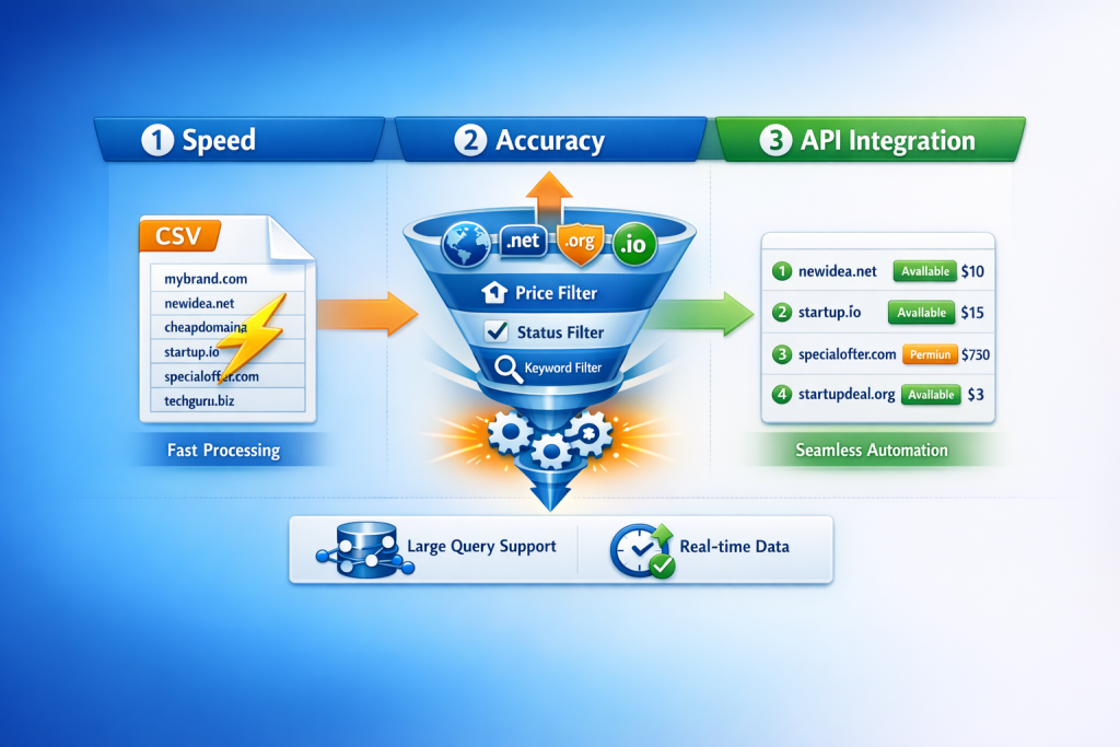 bulk domain checker features including fast processing API integration and accurate availability results