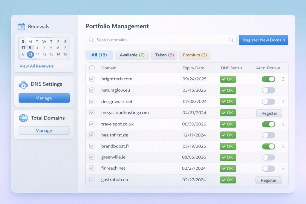 bulk domain registration and domain portfolio management dashboard with multiple domains