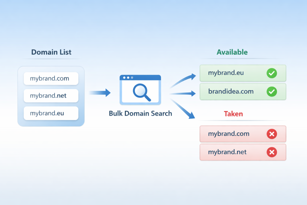 bulk domain search process showing multiple domain availability check across different TLDs