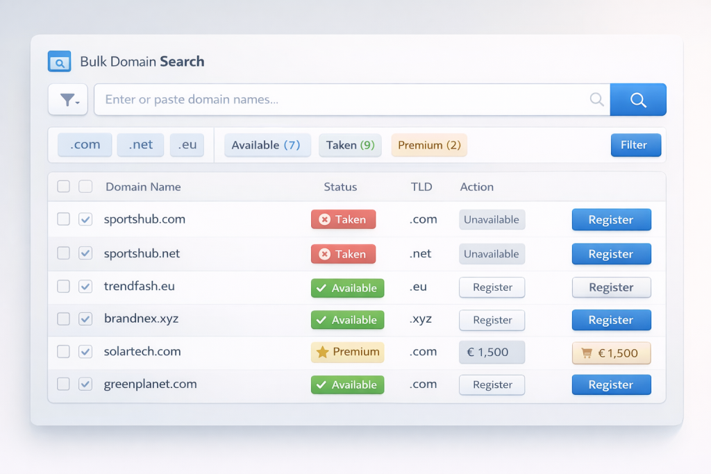 bulk domain search tool interface showing domain availability results filtering and bulk selection