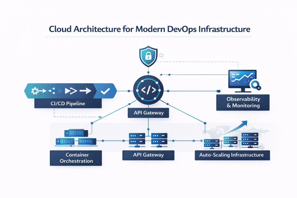 cloud architecture diagram showing ci cd containers apis observability and auto scaling infrastructure