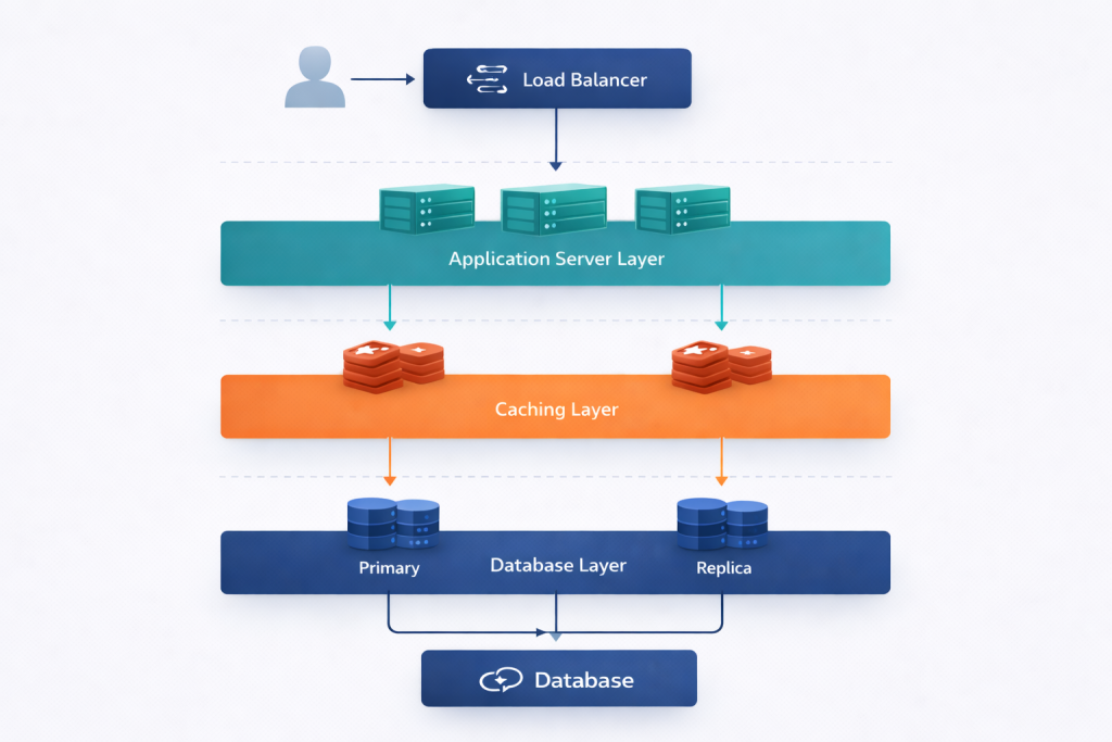 Cloud architecture flow diagram showing load balancer, application servers, database and caching layers