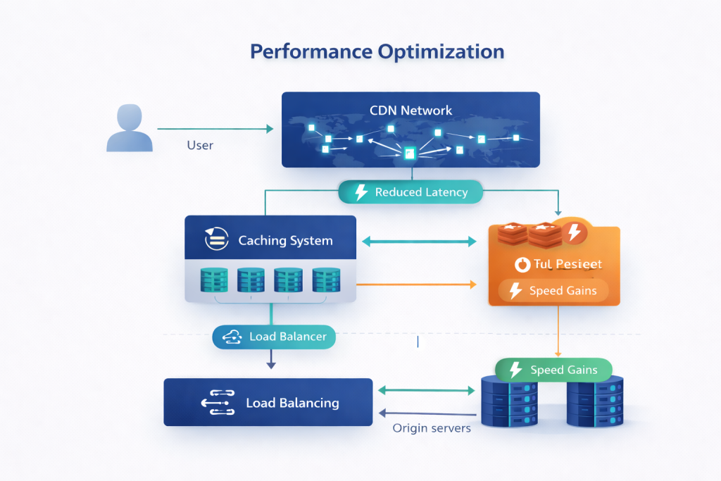 Cloud hosting performance optimization using CDN caching and load balancing for faster website speed