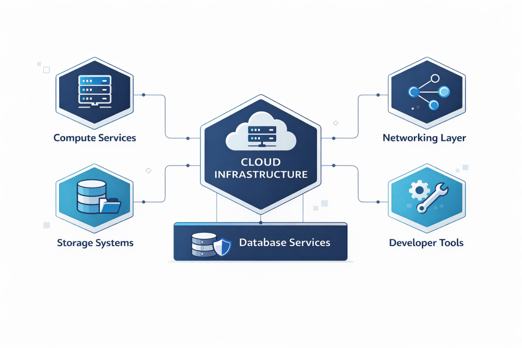 cloud infrastructure components diagram showing compute storage networking databases and developer tools