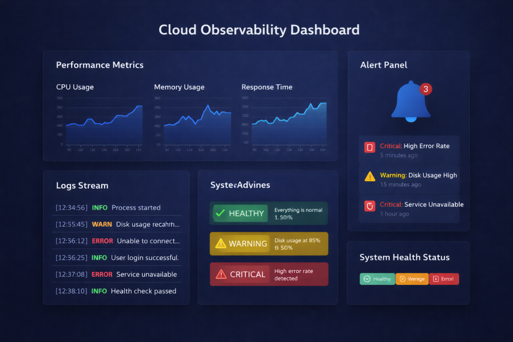 Cloud monitoring and observability dashboard showing metrics logs alerts and system performance
