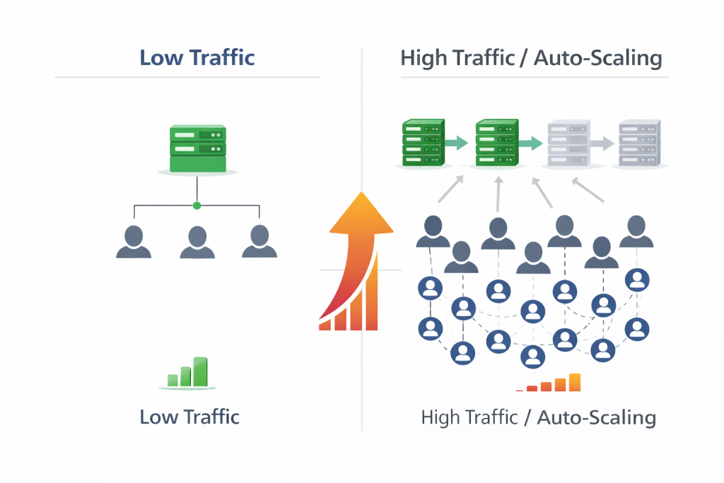 cloud server scalability diagram showing auto scaling resources during traffic increase