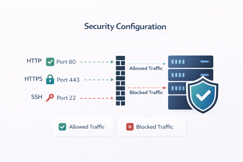 cloud server firewall configuration diagram showing ports http https ssh and security setup