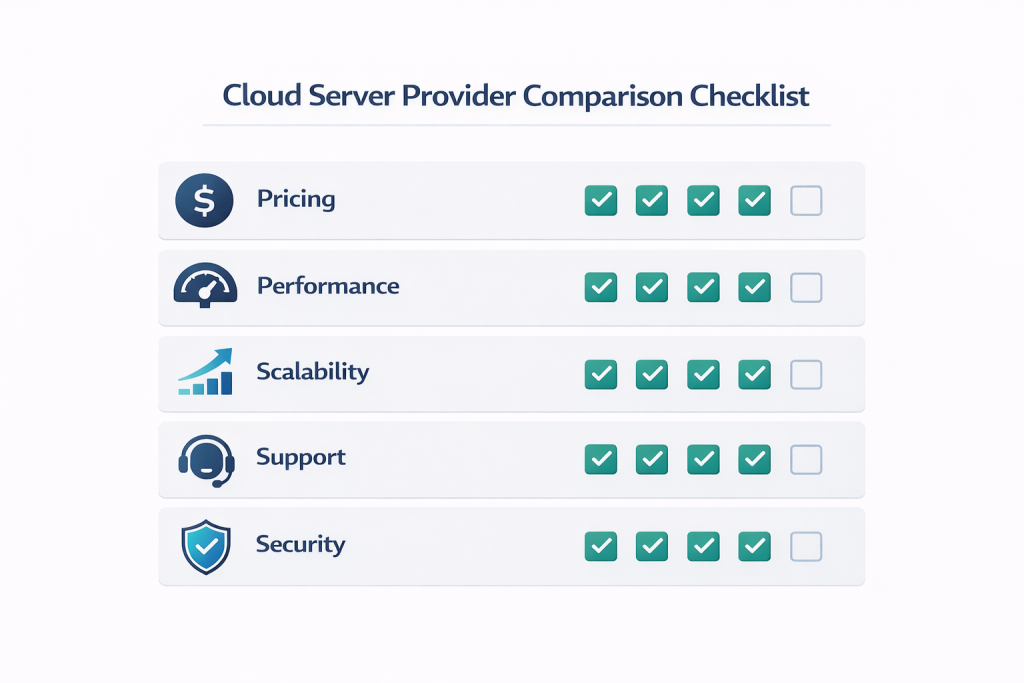 cloud server provider comparison checklist showing pricing performance scalability support and security