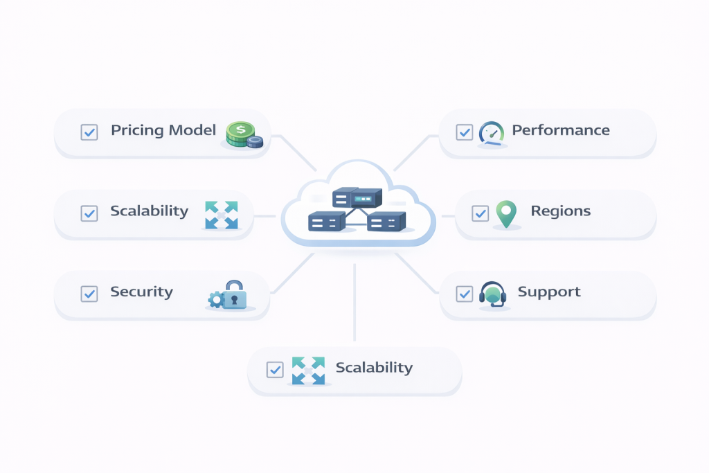 cloud server selection checklist showing pricing performance security regions and scalability factors