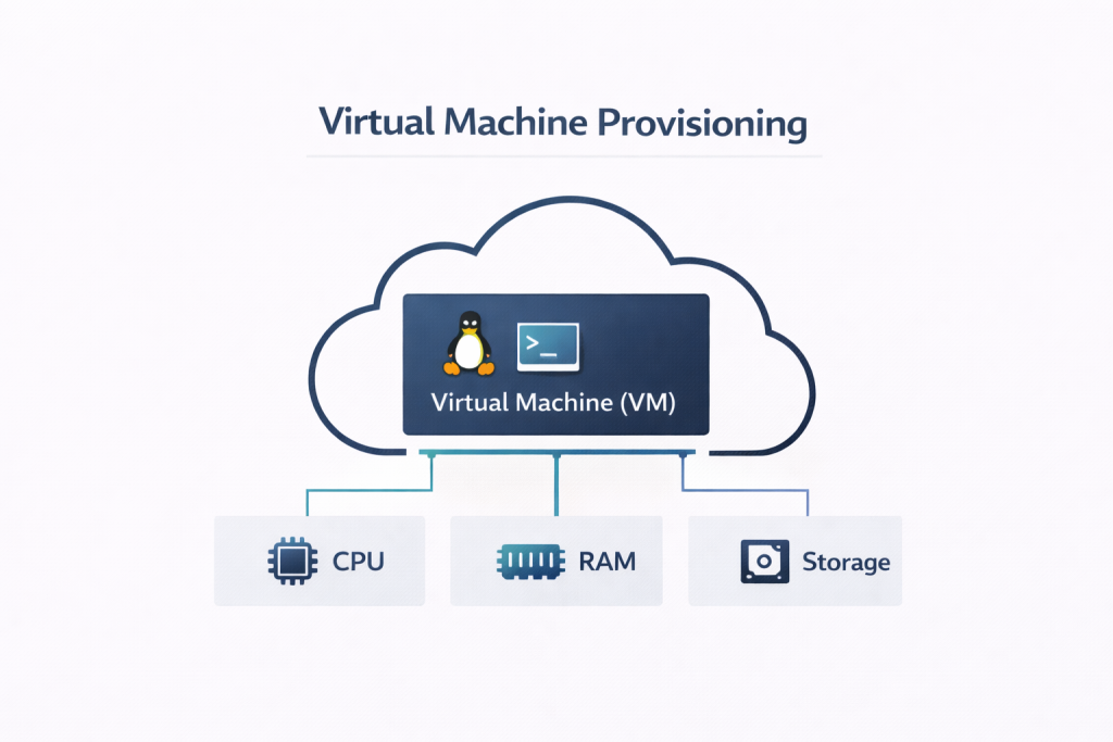 cloud server setup diagram showing virtual machine provisioning with linux operating system and resources