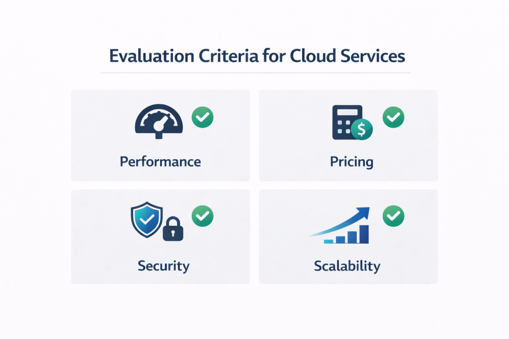 cloud services evaluation checklist for developers showing performance pricing security and scalability factors