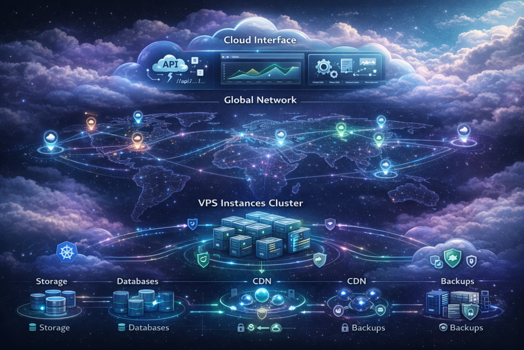Cloud VPS infrastructure showing global network with distributed instances, CDN, storage, databases, and backups across multiple regions