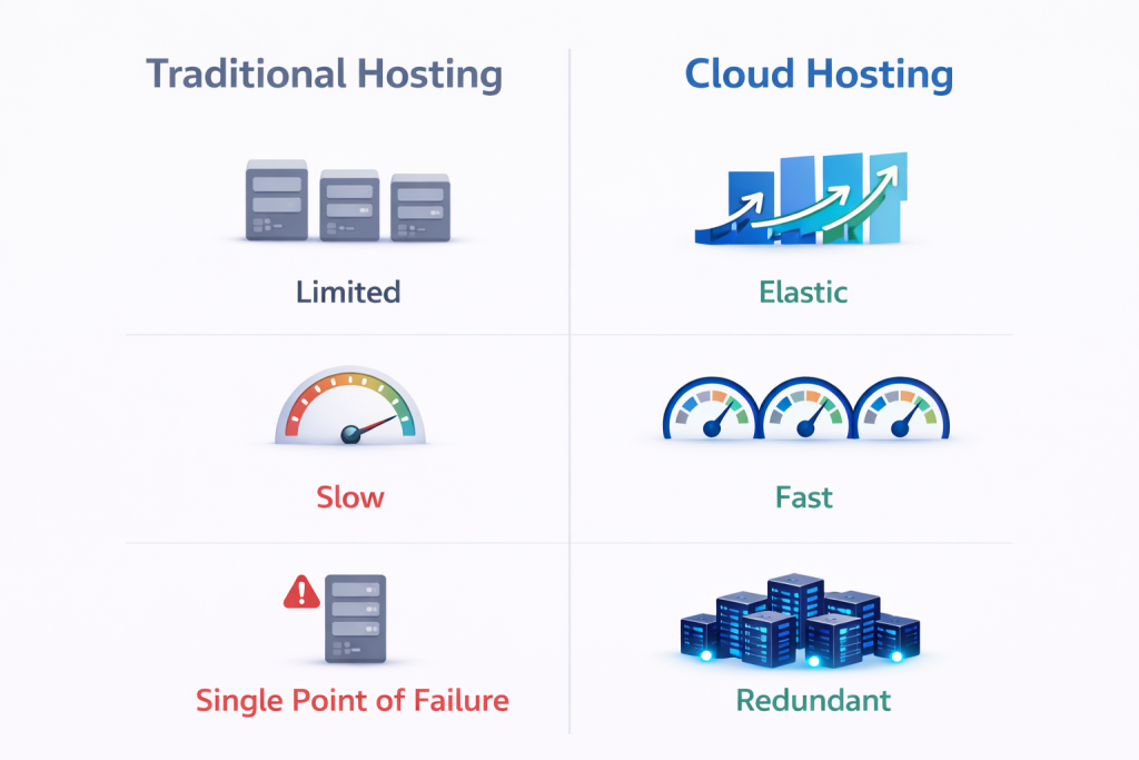 Cloud hosting vs traditional hosting comparison showing scalability, performance and reliability differences