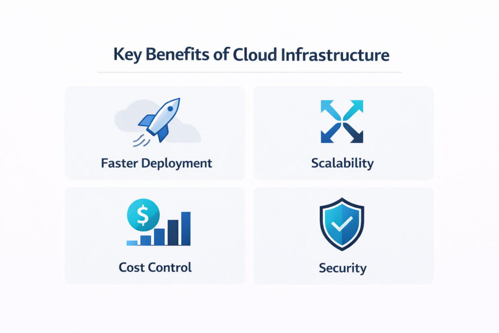 developer cloud hosting benefits infographic showing faster deployment scalability cost control and security