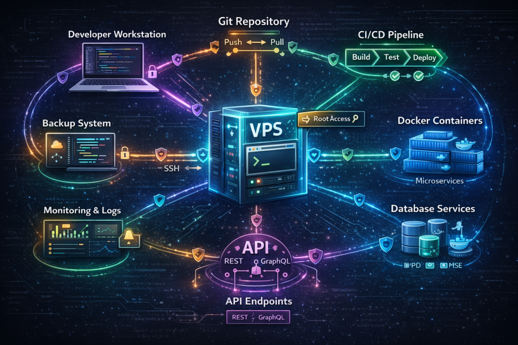 Developer VPS hosting ecosystem diagram showing Git integration, CI/CD pipeline, Docker containers, database services, API endpoints, and monitoring tools