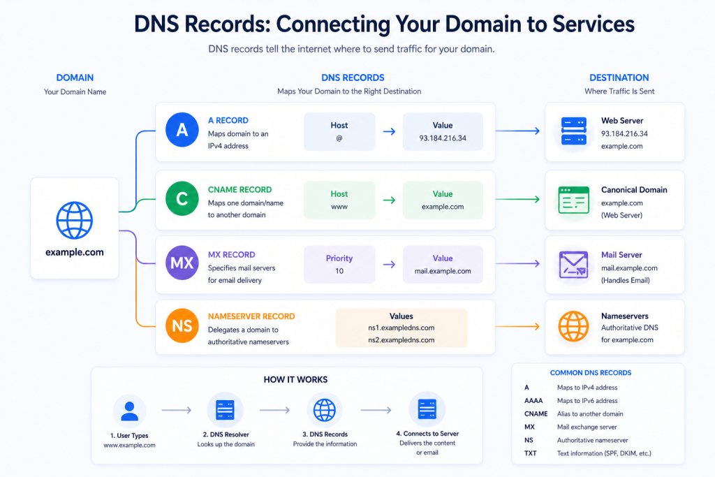 DNS records configuration including A record CNAME MX and nameservers for domain setup