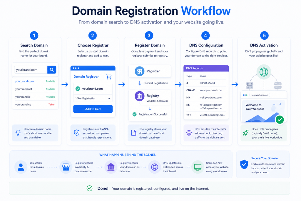 domain registration flow from domain search to registry and DNS activation process