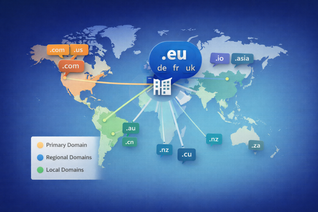 global domain strategy using multiple TLDs like .com .eu and country domains for brand expansion