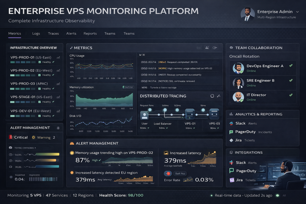 enterprise VPS monitoring platform showing logs metrics dashboards and multi server infrastructure