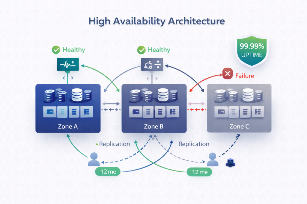 High availability cloud architecture with failover and multi zone redundancy for uptime reliability