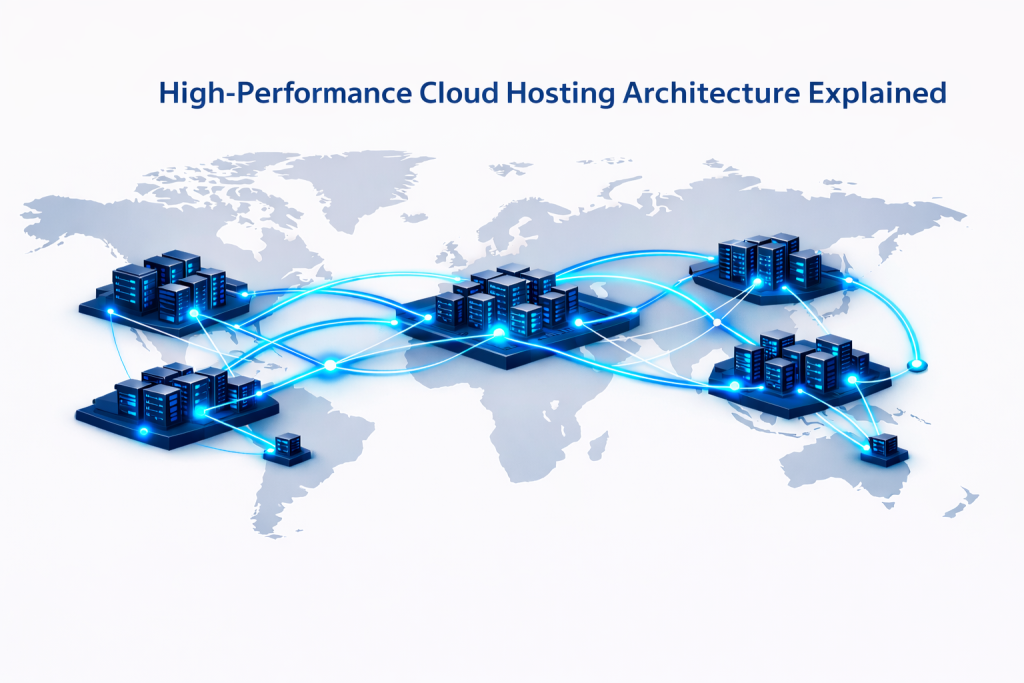 High performance cloud hosting architecture with distributed servers and global network