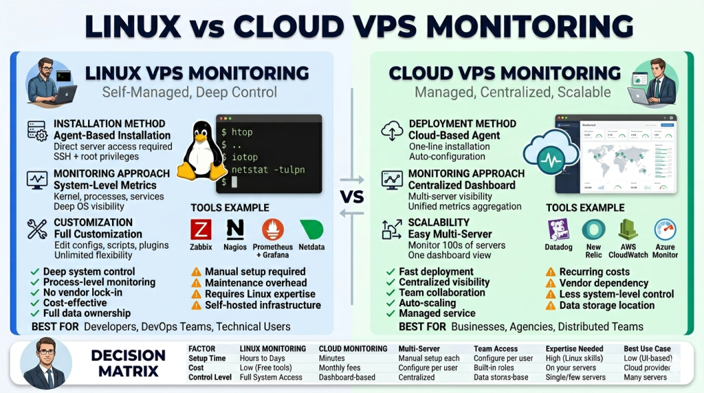 comparison of Linux VPS monitoring tools vs cloud monitoring platforms showing control and scalability differences